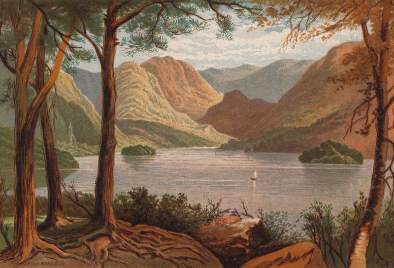 Englannin järvet, Derwentwater (väri litho) tekijältä Thomas Leeson the Elder Rowbotham