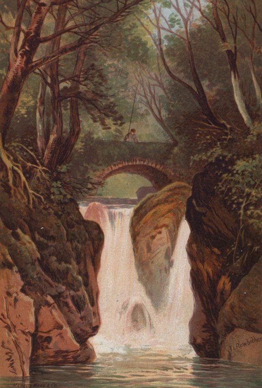Englannin järvet, Rydal Falls (väri litho) tekijältä Thomas Leeson the Elder Rowbotham