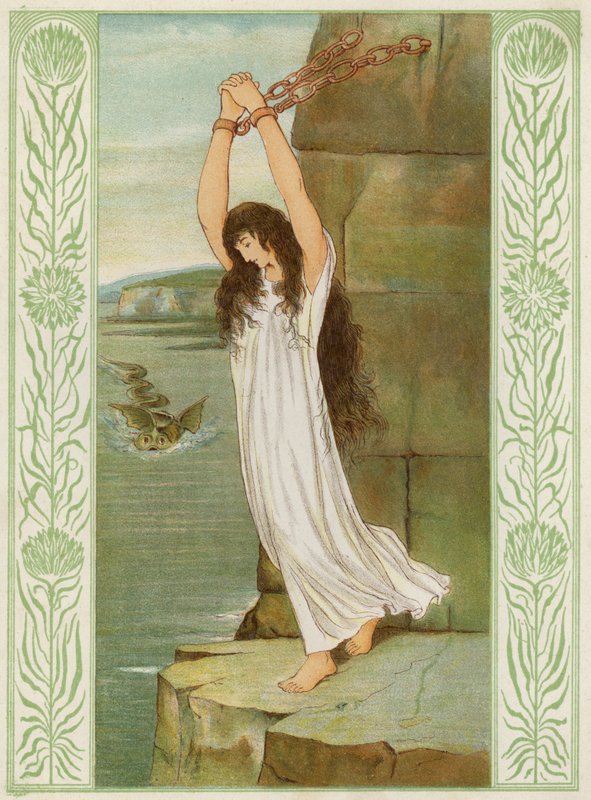 Andromeda kahlittuina meren kallioon (väri litho) tekijältä Thomas Ralph Spence