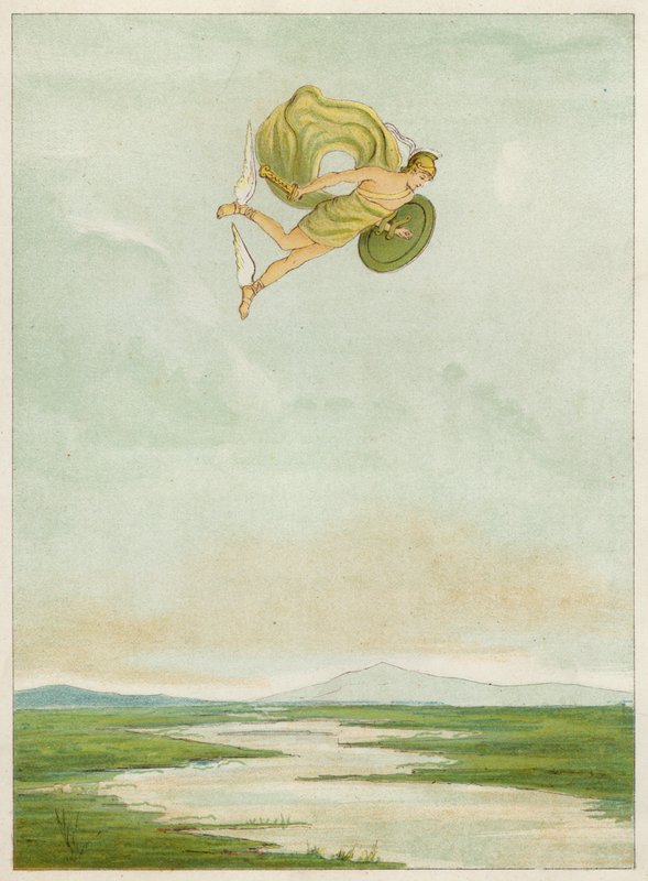 Perseus lentää tappamaan Gorgonin (väri litho) tekijältä Thomas Ralph Spence