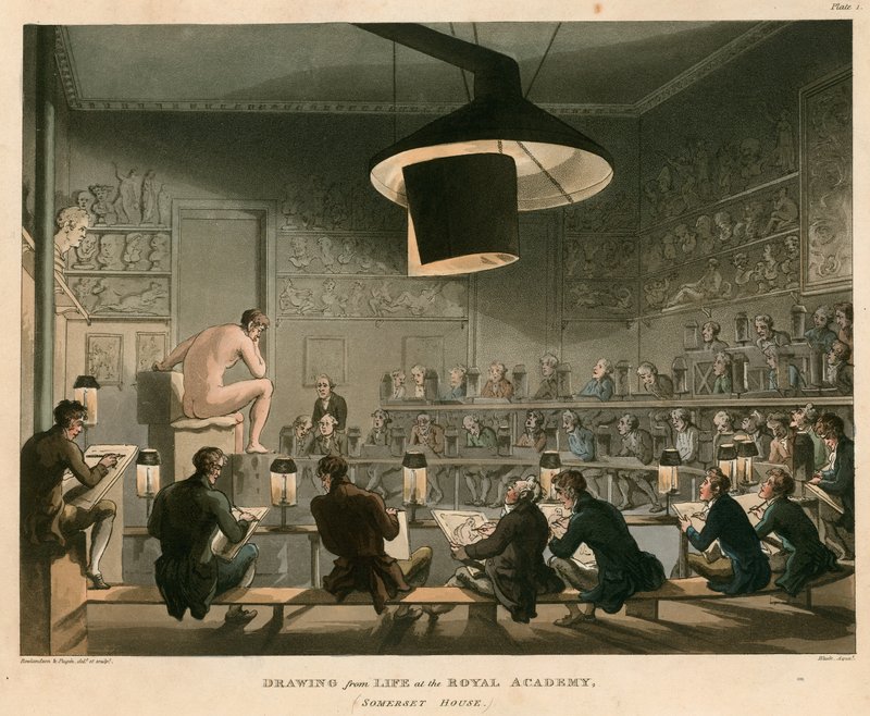 Piirustus elämästä Royal Academyssa, Somerset House, Strand, Lontoo tekijältä Thomas Rowlandson
