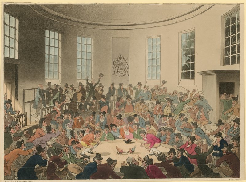 Kuvassa väkijoukko katsomassa kukkotaistelua tekijältä Thomas Rowlandson