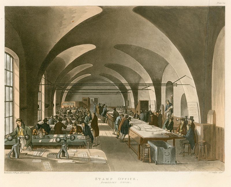 Leimatoimisto, Somerset House, Strand, Lontoo tekijältä Thomas Rowlandson