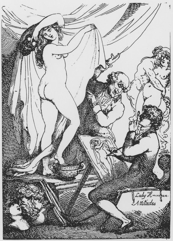 Tuleva Lady Hamilton poseeraa terveyden jumalatar Hygeiana tohtori James Grahamin Aesculapiuksen temppelissä. tekijältä Thomas Rowlandson