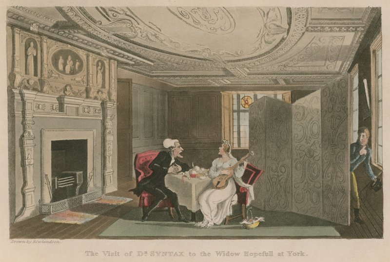 Tohtori Syntaxin vierailu Leski Hopefullin luona Yorkissa tekijältä Thomas Rowlandson