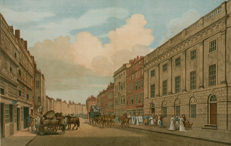 Itä-Intian yhtiön käytössä ollut talo, Leadenhall Street, Lontoo, sellaisena kuin se on korjattu vuonna 1726. tekijältä Thomas Snr. Malton