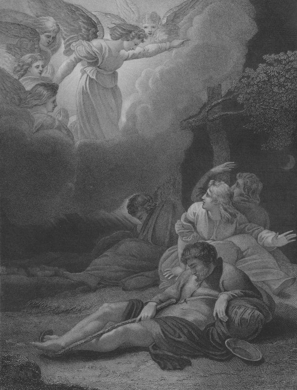 Enkelit ilmestyvät paimenille, pyhä Luukas 2, jae 8-21 tekijältä Thomas Stothard