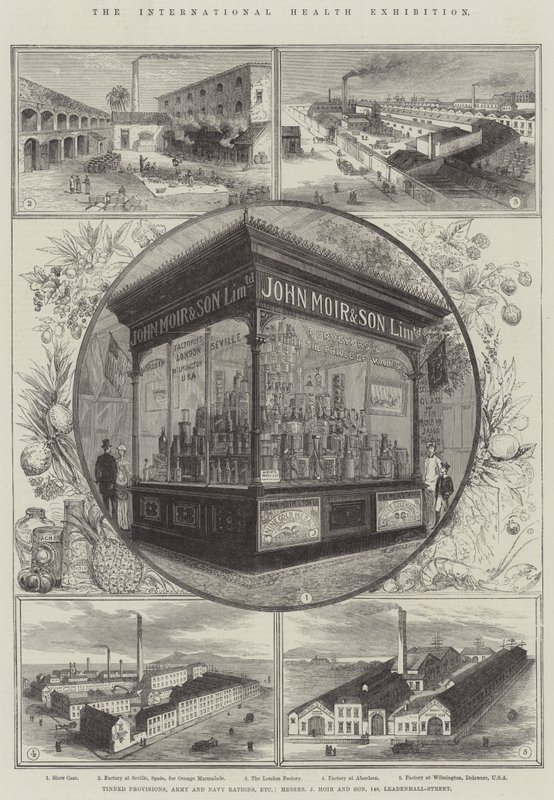 Kansainvälinen terveysnäyttely, elintarvikesäilykkeet, armeijan ja laivaston ruoka-annokset jne., Messers J Moir and Son, 148, Leadenhall-Street. tekijältä Thomas Sulman