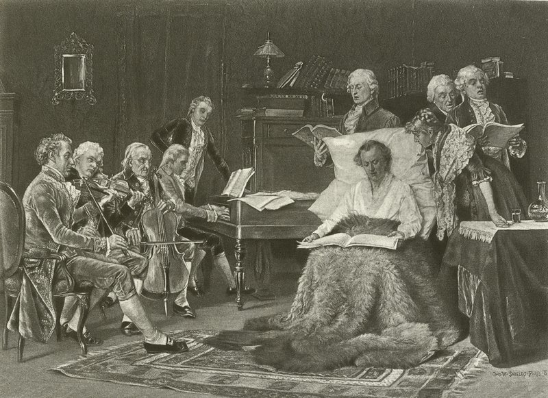 Mozart laulamassa Requiemiään (kaiverrus) tekijältä Thomas W. Shields