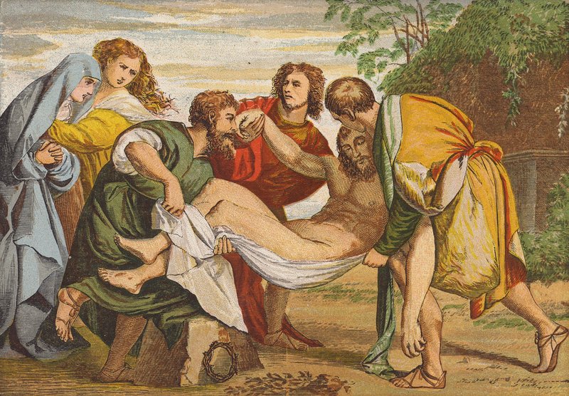Joosef Arimatialainen makaa Jeesuksen ruumiin omassa haudassaan (värilitografia). tekijältä Titian (c.1488 1576) (after)