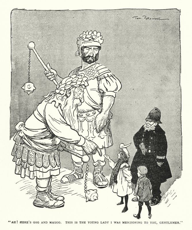 "Ah! Tässä on Gog ja Magog, tämä on nuori nainen, jonka mainitsin teille, herrat" (litho) tekijältä Tom Browne