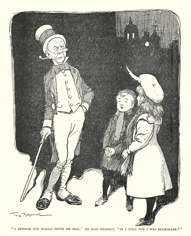 "Luulen, että pitäisit minua hulluna", hän sanoi terävästi, "jos sanoisin, että olen siniparta?" (litografia) tekijältä Tom Browne