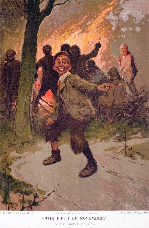 Marraskuun viides, innostunut poika Bonfire Nightissa (värilitho) tekijältä Tom Browne