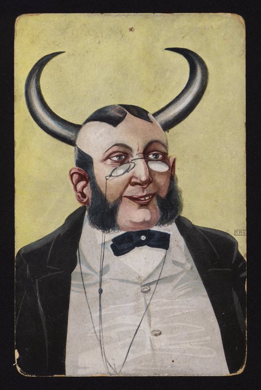 Mies, jolla on paholaisen tai demonin sarvet (väri litho) tekijältä Josef Eberz