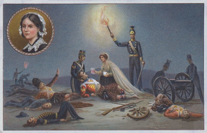 Florence Nightingale auttamassa haavoittuneita ja kuolevia taistelukentällä Krimin sodan aikana. tekijältä Unknown artist