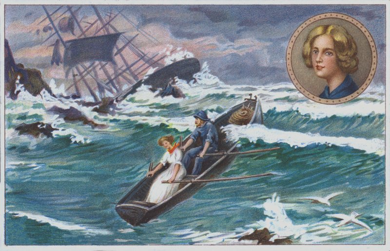 Grace Darling soutaa isänsä kanssa pelastamaan haaksirikkoutuneen Forfarshire-aluksen eloonjääneitä vuonna 1838. (kromoliittinen) tekijältä Unknown artist