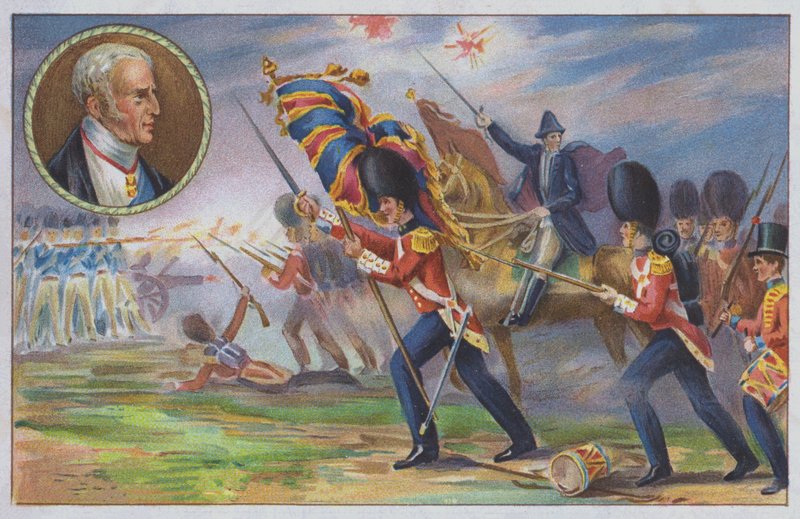 Wellingtonin herttua komentamassa brittiarmeijaa Waterloon taistelussa. tekijältä Unknown artist