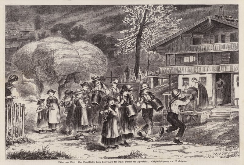 Perinteinen lehmänkellojen soitto viimeisen sadonkorjuun kunniaksi Alpbachtalissa, Tirolissa, Itävallassa (kaiverrus). tekijältä Unknown artist
