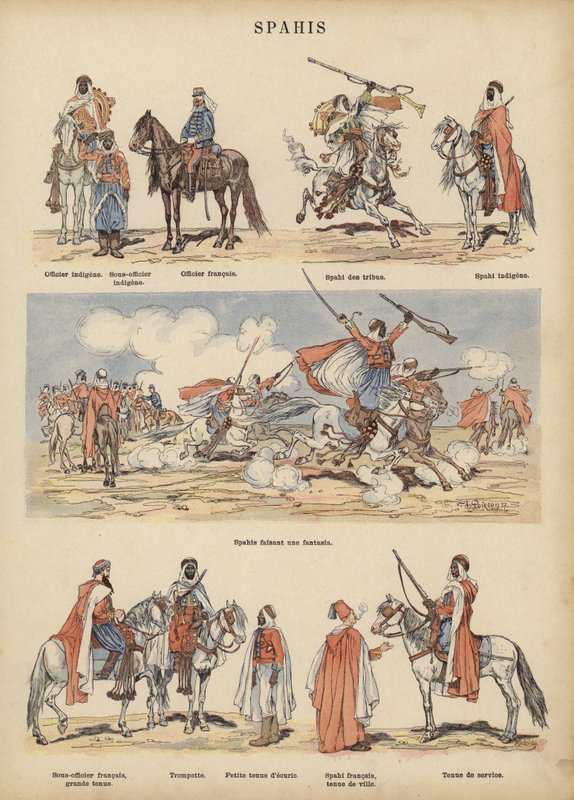 Spahit, Ranskan armeijan siirtomaa-sotilaat (väri litho) tekijältä Victor Armand Poirson