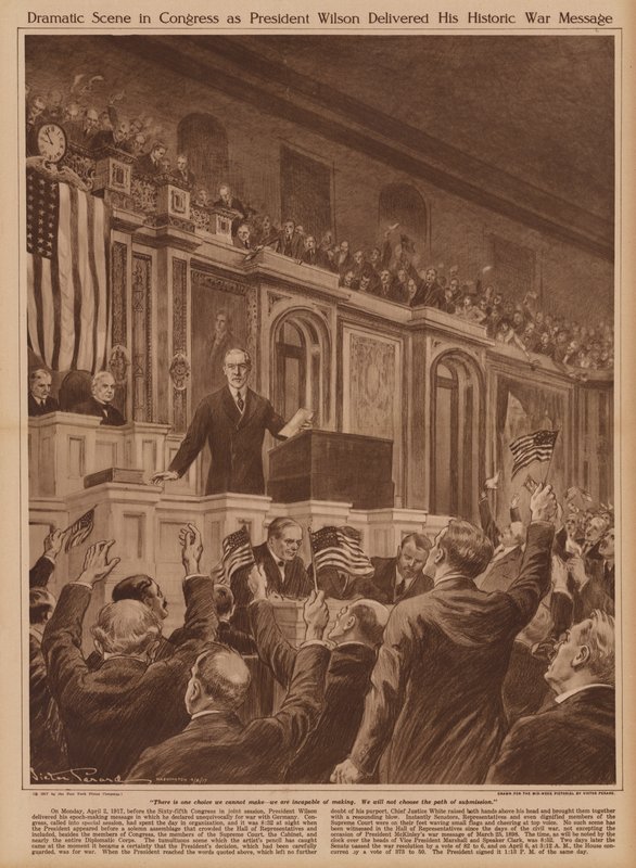 Yhdysvaltain presidentti Woodrow Wilson pyytää kongressia julistamaan sodan Saksalle. tekijältä V. Perard