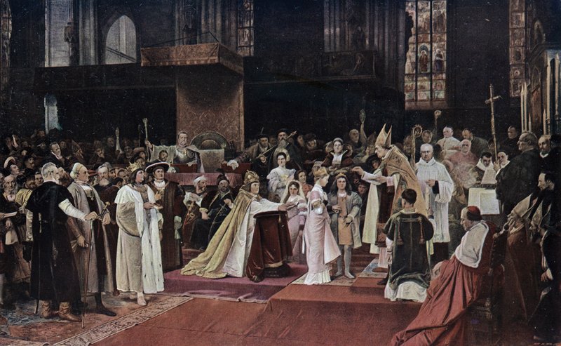Tu felix Austria nube: Pyhän Rooman keisarin Maximilian I:n lastenlasten sekä Böömin ja Unkarin kuninkaan Ladislaus II:n lasten kihlaukset Pyhän Tapanin katedraalissa Wienissä tekijältä Vaclav  Brozik