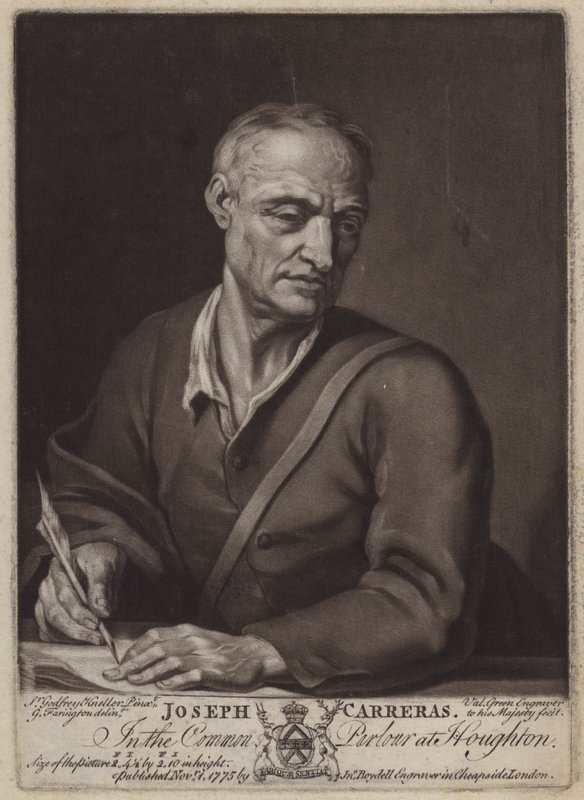 Joseph Carreras, runoilija ja Katariina Braganzan pappi (mezzotint) tekijältä Valentine Green