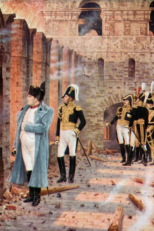 Napoleon Moskovan palavien raunioiden keskellä tekijältä Vasili Vasilievich Vereshchagin