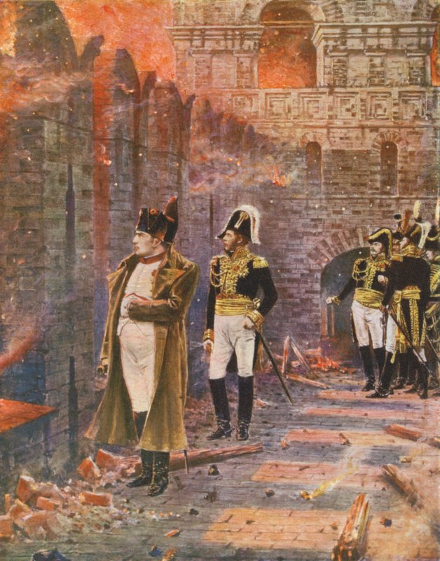 Napoleon katsomassa Moskovan paloa (värilitografia) tekijältä Vasili Vasilievich Vereshchagin