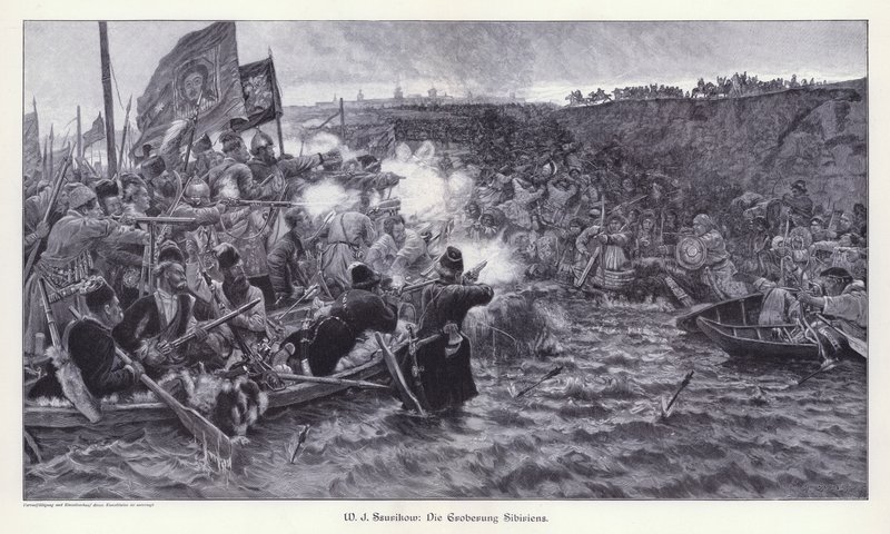 Yermak Timofejevitš Siperian valloitus (kaiverrus) tekijältä Vasilij Ivanovic Surikov