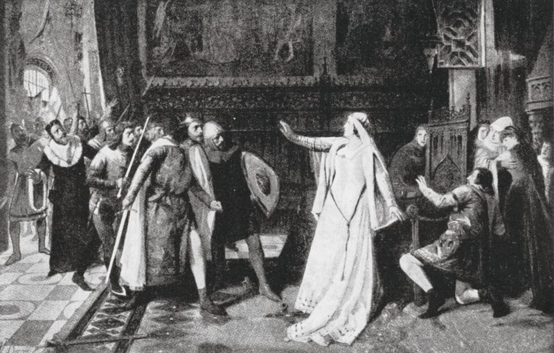 Maria de Molina torjumassa aatelisia (litografia) tekijältä Vicente Borras Abella