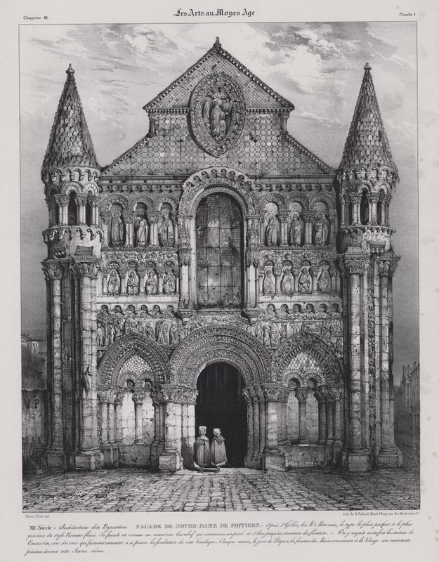 Notre Dame la Granden kirkon romaaninen julkisivu, Poitiers, Ranska (litho) tekijältä Victor Jean Baptiste (after) Petit