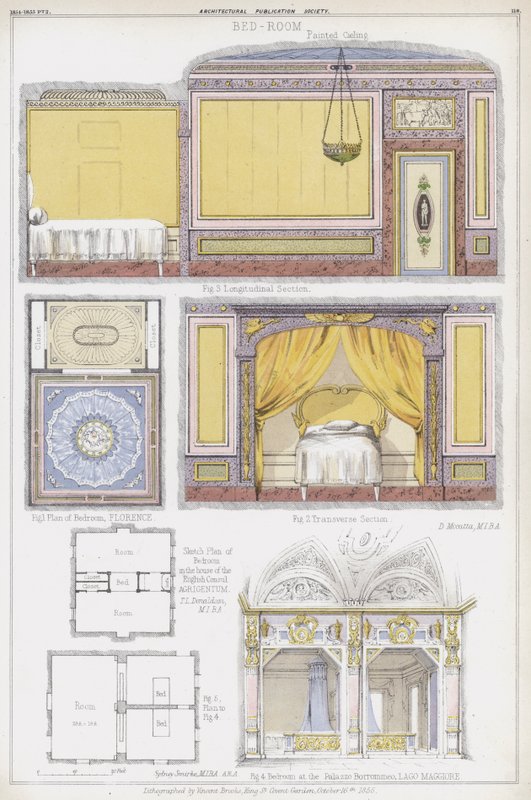 Makuuhuoneet Firenzessä, Englannin konsulin talo Agrigentumissa ja Casa Borromeo, Maggiore-järvi, Italia (väri litho) tekijältä Vincent Brooks