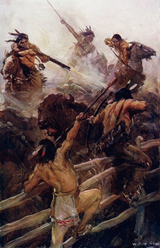 Läheltä puhvelin kanssa (väri litho) tekijältä W.R.S. (after) Stott