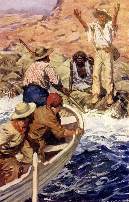 Ranskalaiset valaanpyytäjät pelastivat Edward Eyren (värilitho) tekijältä W.R.S. (after) Stott