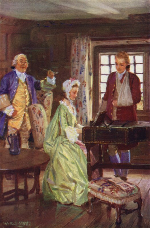 "Eikä todellakaan ollut kauan ennen kuin Jones pystyi palvelemaan häntä cembalon kanssa" (väri litho) tekijältä W.R.S. (after) Stott