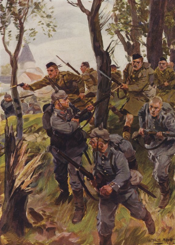 Seaforth Highlanders karkottaa vihollisen (väri litho) tekijältä W.R.S. (after) Stott
