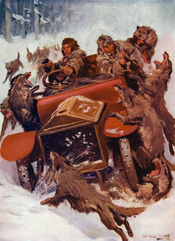 "Raivot olennot näyttivät ajavan yli auton" (väri litho) tekijältä W.R.S. (after) Stott
