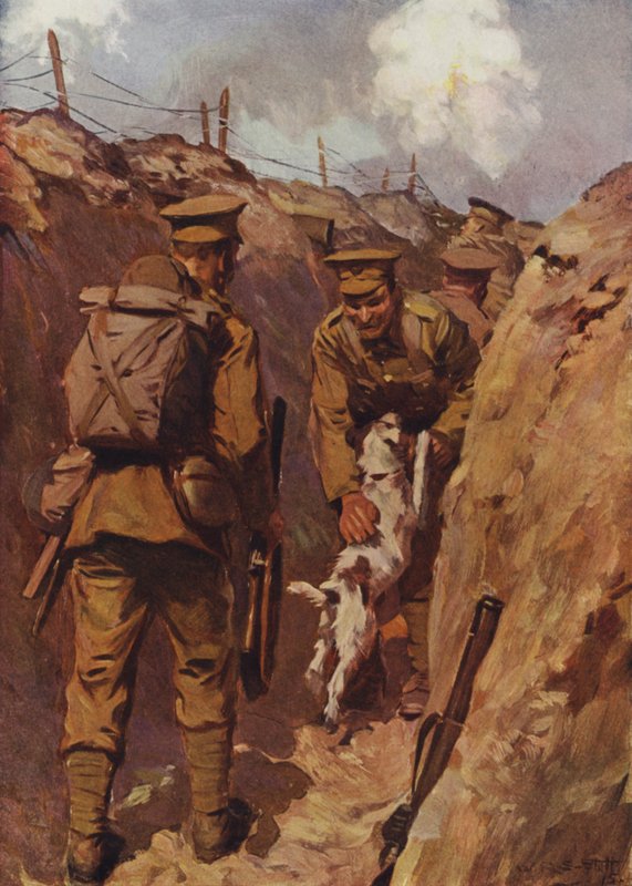 Vaeltaja hyppäsi iloisesti isäntänsä puoleen (väri litho) tekijältä W.R.S. (after) Stott