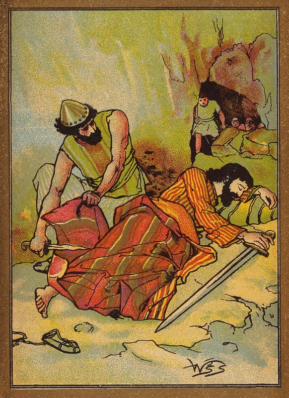 Daavid katkaisee Saulin kaapun hameen (värilitografia). tekijältä W.S. Stacey