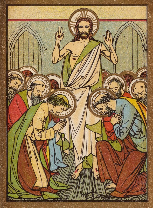 Jeesus ilmestyy apostoleille Jerusalemissa (värilitografia). tekijältä W.S. Stacey