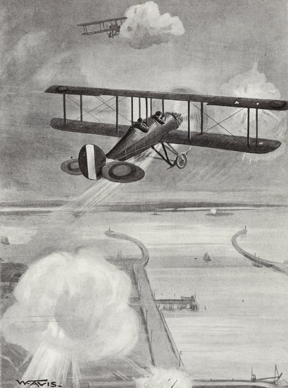 Laivueenjohtaja Richard Davies ja lentoluutnantti Richard Peirse pudottivat pommeja Zeebruggen sukellusveneasemalle raskaan tulen alla, 23. tammikuuta 1915 tekijältä W. Avis