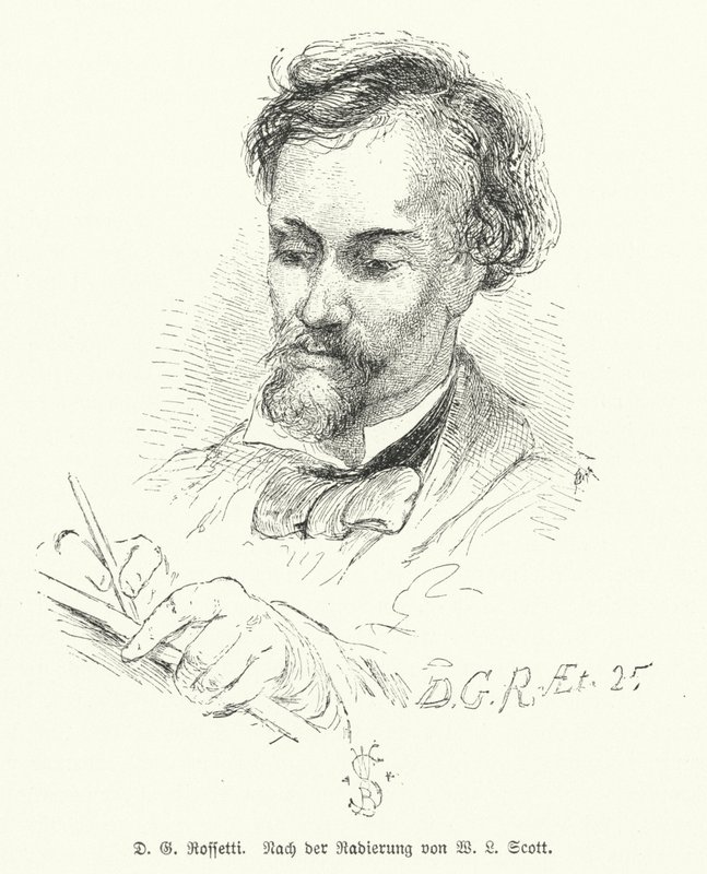 Dante Gabriel Rossetti, brittiläinen runoilija, kuvittaja, taidemaalari ja kääntäjä, yksi Pre-Raphaelite Brotherhoodin (litho) perustajista tekijältä W. Bell (after) Scott