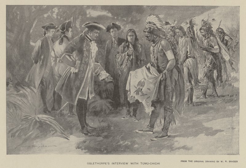Oglethorpen haastattelu Tomochichin kanssa (litho) tekijältä W. P. Snyder