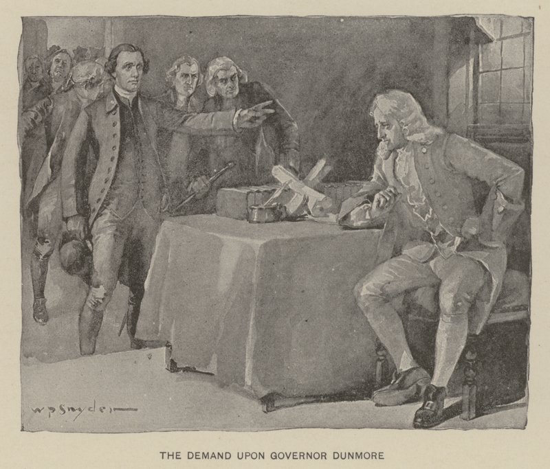 Kuvernööri Dunmoren vaatimus (litho) tekijältä W. P. Snyder