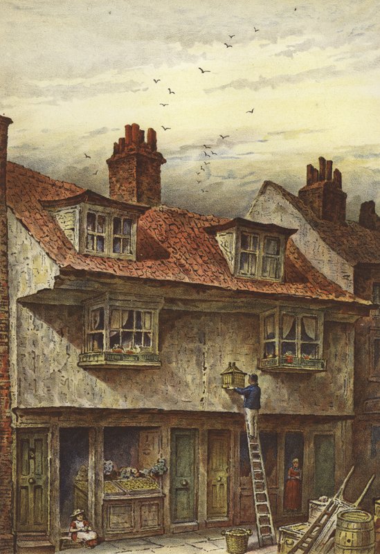 Vanhat talot, Saffron Hill (chromolitho) tekijältä Waldo Sargeant