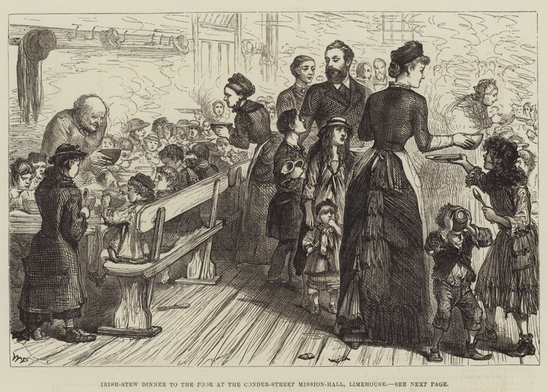 Irlantilainen muhennosillallinen köyhille Conder-Street Mission-Hallissa, Limehouse tekijältä Walter Paget