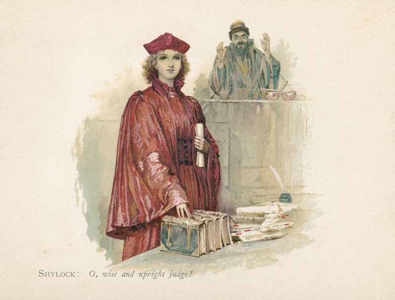 Portia ja Shylock Venetsian kauppiaassa (chromolitho) tekijältä Walter Stanley Paget