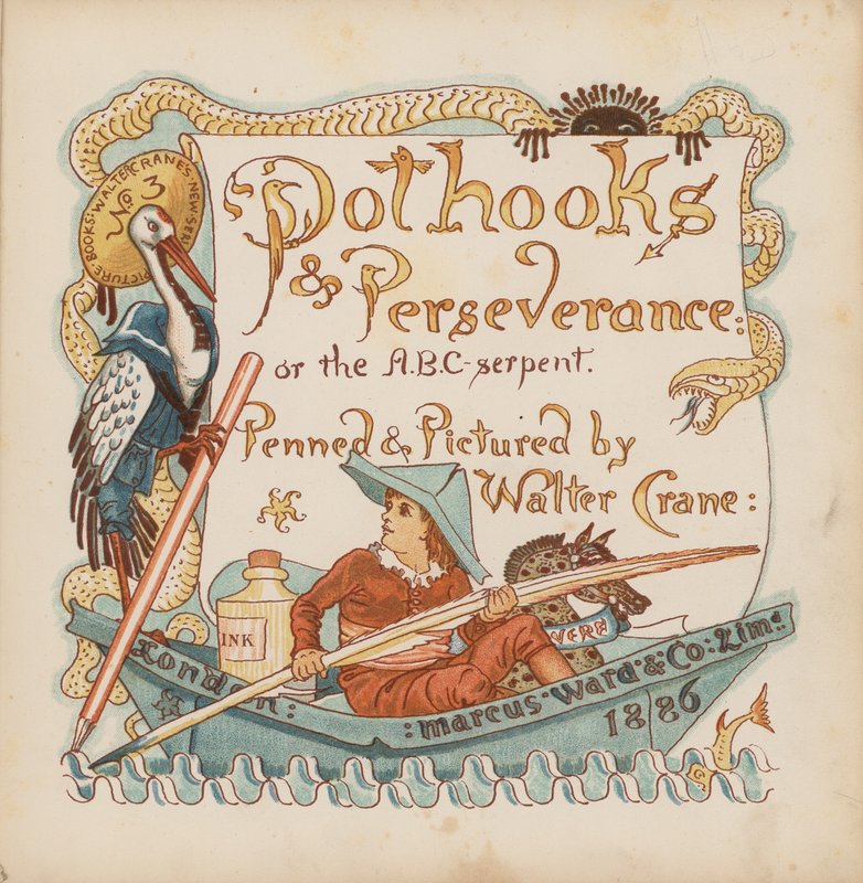 Walter Cranen kuvitus teokseen "Pothooks and Perseverance" (värilitografia). tekijältä Walter (after) Crane