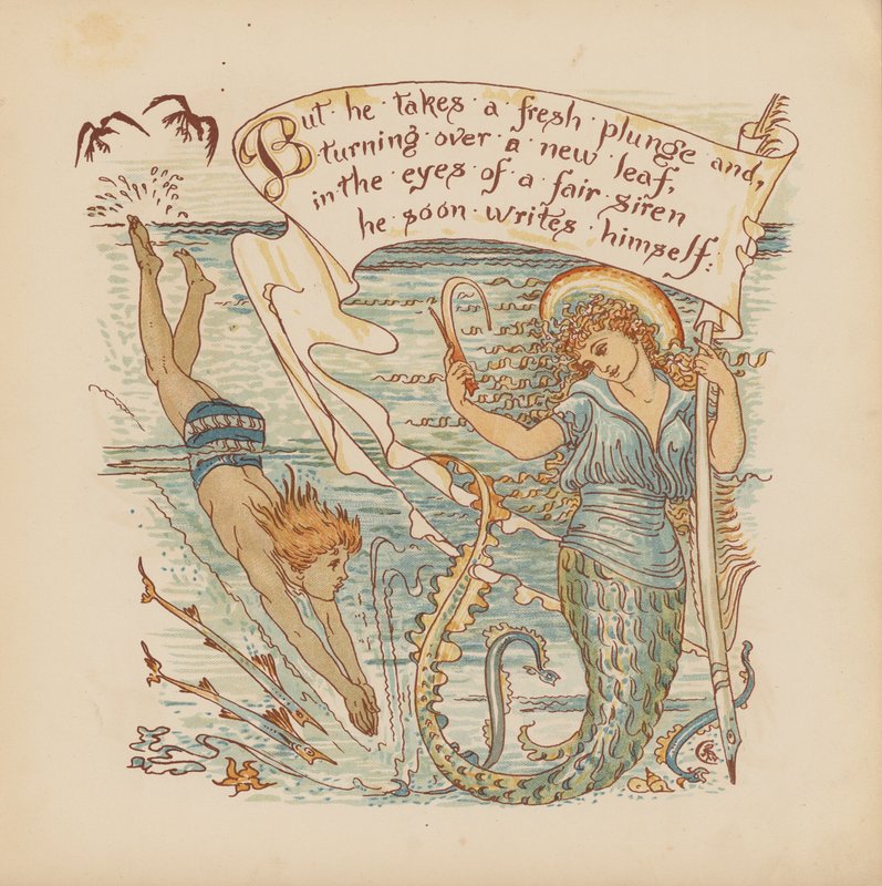 Walter Cranen kuvitus teokseen "Pothooks and Perseverance" (värilitografia). tekijältä Walter (after) Crane