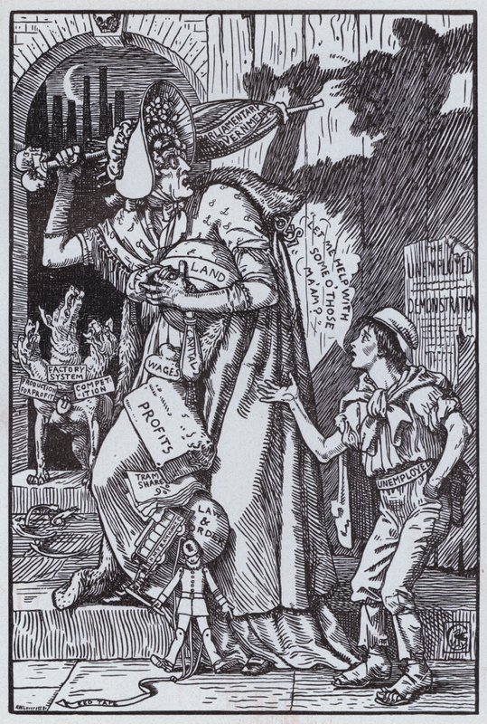 Rouva Grundy pelkää omaa varjoaan (litografia) tekijältä Walter Crane